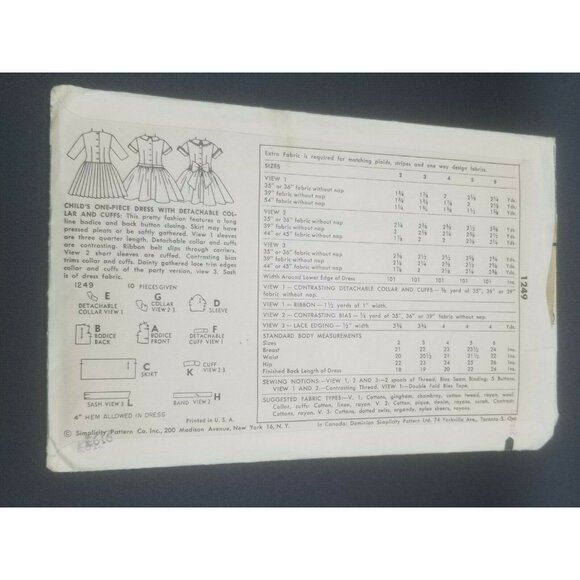 Simplicity 1955 Child's One Piece Dress Sewing Pattern 1249 Size 2 Detach Collar - Picture 3 of 3